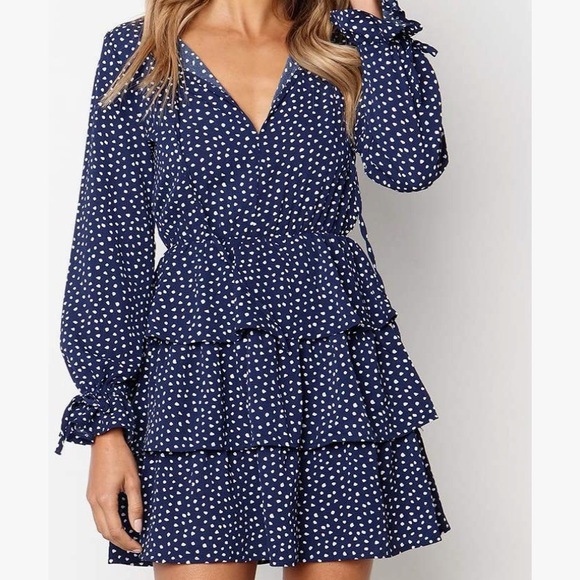 Navy and White Keyhole Ruffle Skirt Mini Dress - Picture 2 of 11